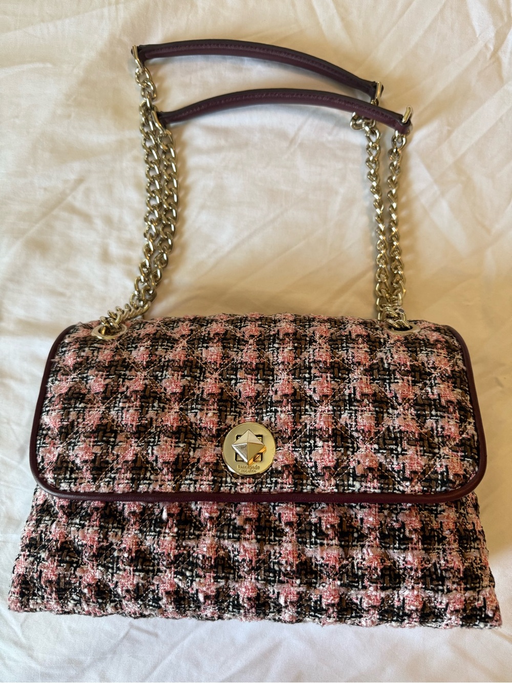 kate spade Pink and Black Tweed Chain Shoulder Bag with Silver Hardware